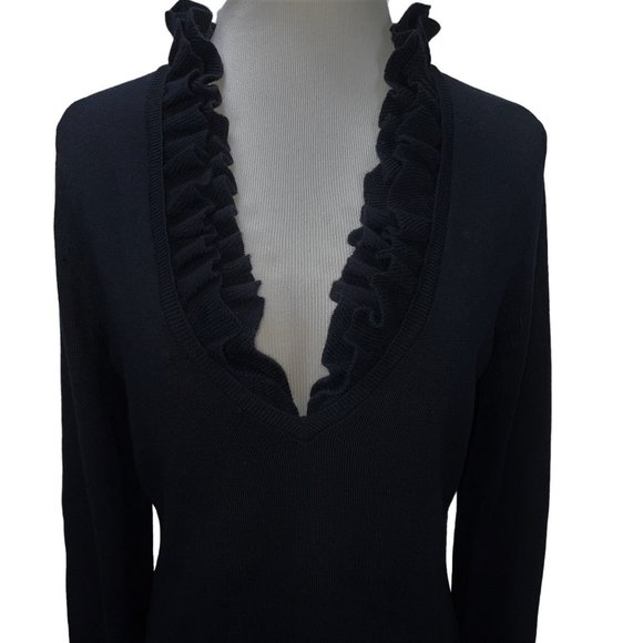 New Tory Burch Black Merino Wool Ruffle Neck Long Light Sweater Size M Tunic - Picture 4 of 10